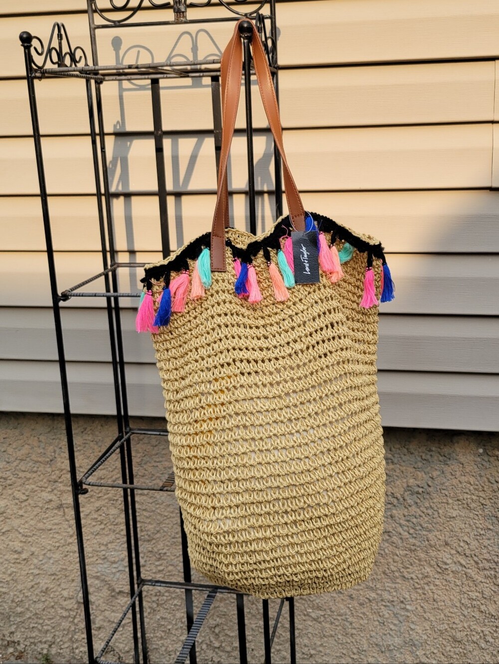 Lord & Taylor Large Straw Beach Bag w/multicolor Tassels and Leather Straps